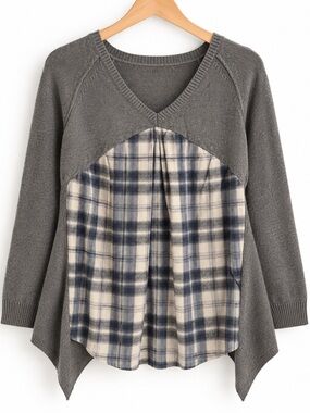Gray Blue Plaid Mixed Media Sweater Top V Neck Asymmetrical Flannel Boho